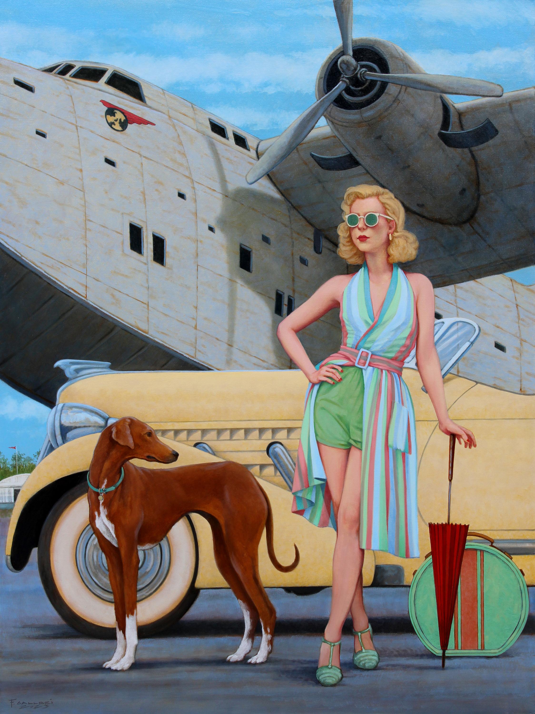"Holiday Companion" oil painting of woman in front of vintage car and jet, dog 