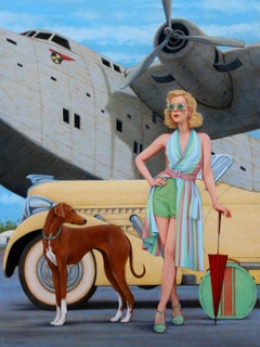 „Holiday Companion“, Ölgemälde einer Frau vor einem alten Auto und einem Jet, Hund 