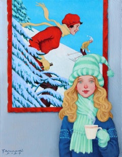 "Hot Cocoa" blonde girl holding hot chocolate in front of a ski painting