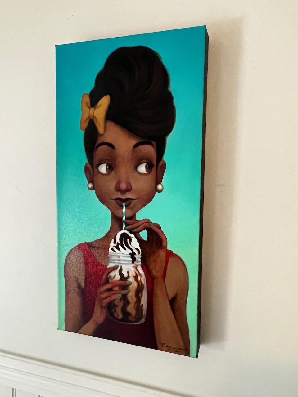 Peinture à l'huile à petite échelle « Ice Cream Monday » d'une femme buvant une bélière - Painting de Fred Calleri