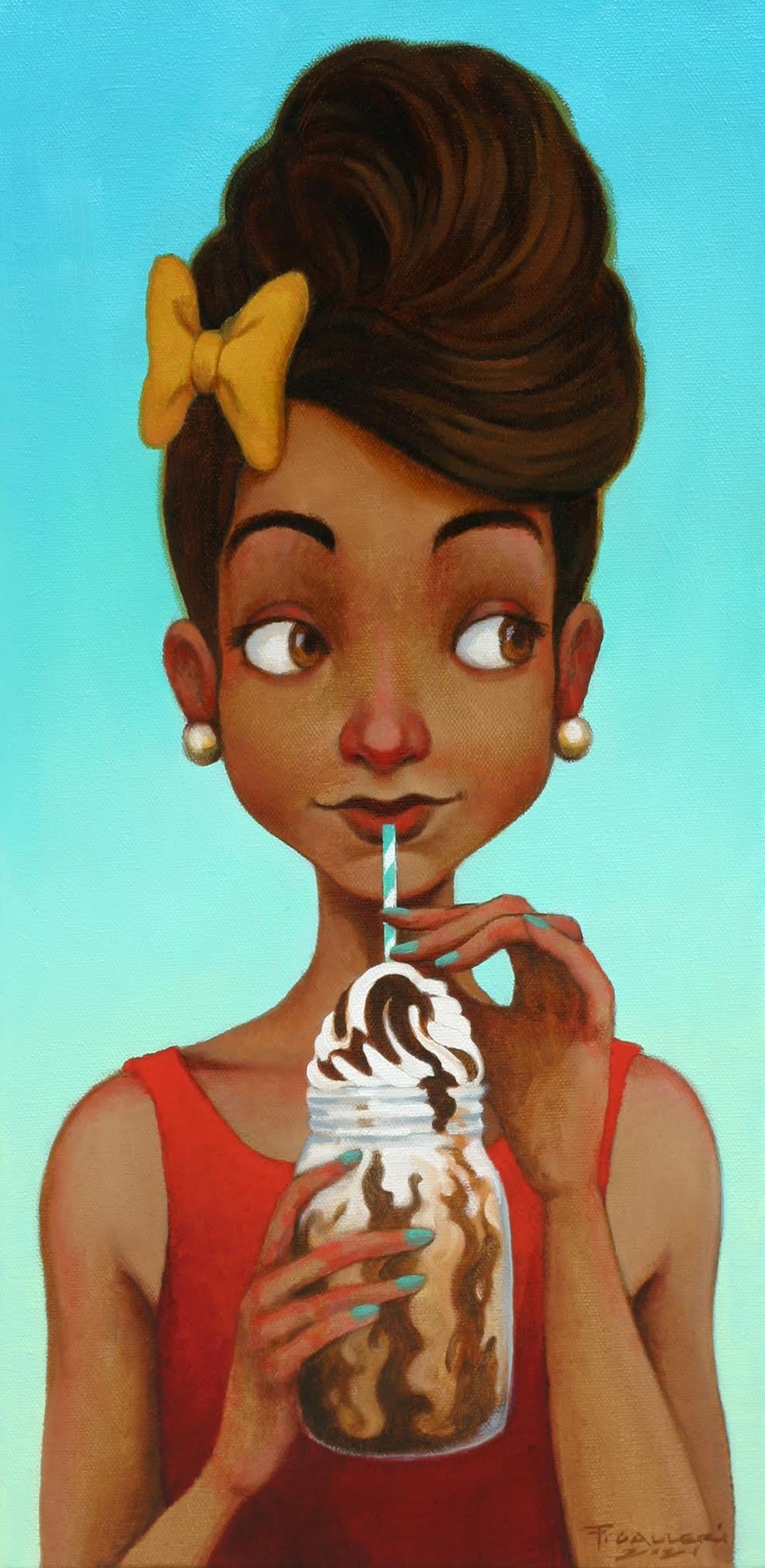 Kleines Ölgemälde „Ice Cream Monday“ einer Frau, die einen Milchkännchen trinkt