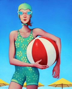 "Inflatable" surrealist portrait of a woman with a large beach ball
