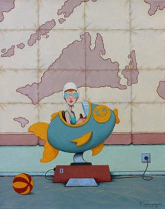 "Island Hopping" girl sits in coin operated fish before map of Marthas Vineyard