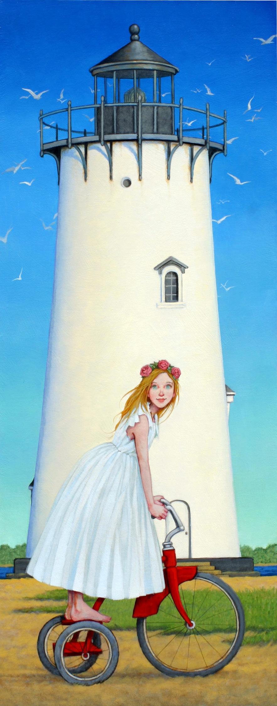 Fred Calleri Figurative Painting - "Island Princess" oil painting, girl in White Dress on Red Tricycle, Lighthouse