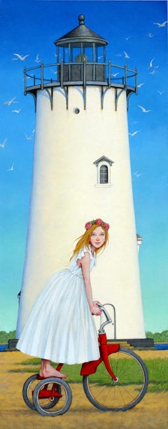 "Island Princess" oil painting, girl in White Dress on Red Tricycle, Lighthouse