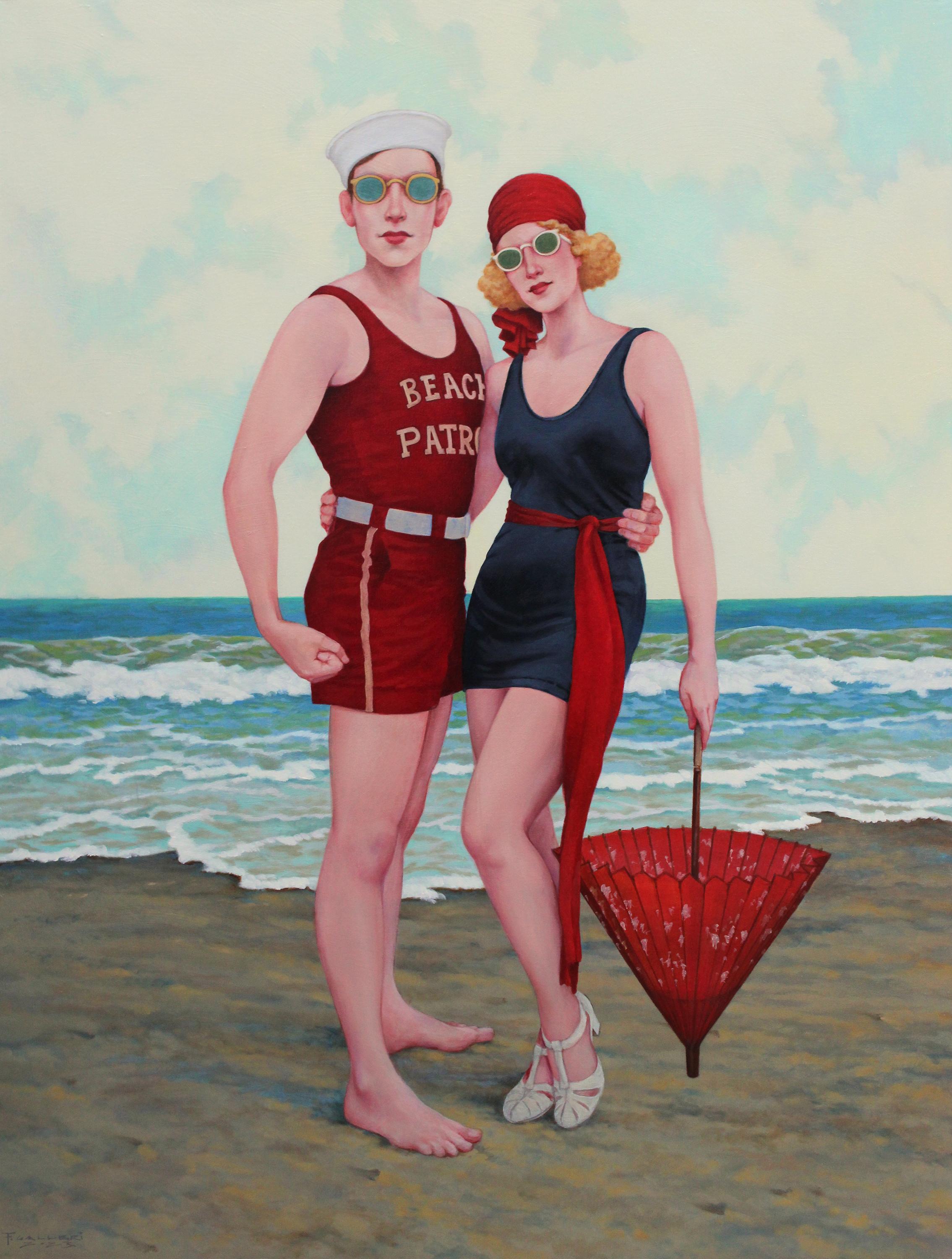 Fred Calleri Figurative Painting - "Jazz Age" oil painting of a man and woman in vintage bathing suits at the shore