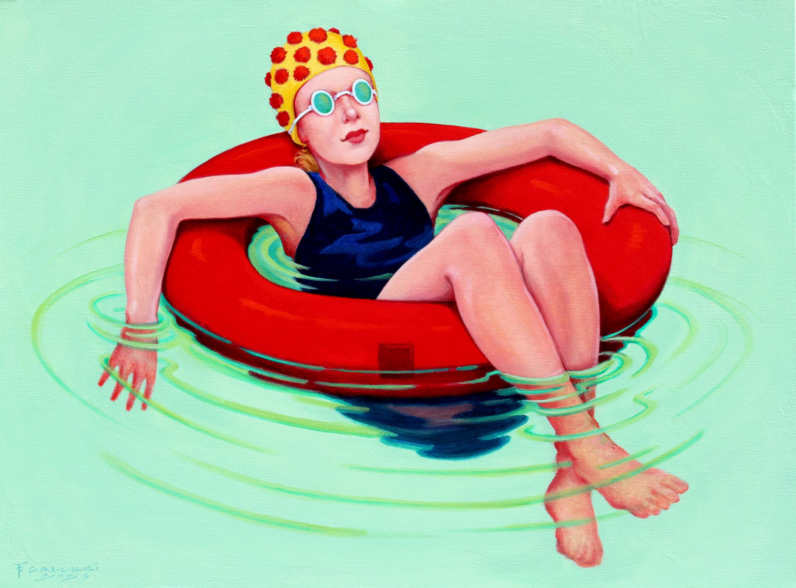"Jelly Doughnut" oil painting of a woman floating in a red tube in green water
