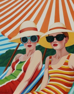 "June Tune" two girls, sassy, orange and white striped umbrella, vintage, beach