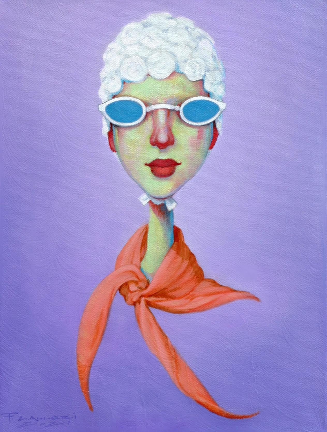 Fred Calleri Figurative Painting - "Karma Chameleon" oil painting of a girl in white hat, vintage glasses, & scarf