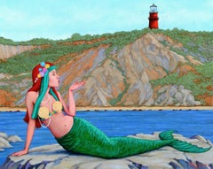 "Lighthouse Maiden" redheaded mermaid  blows a kiss to the cliffs on the coast