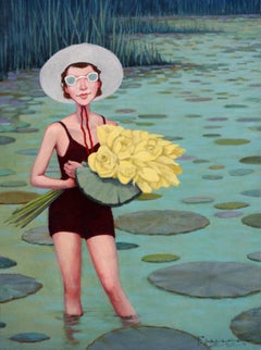 "Lotus Land" oil painting of a woman standing in lake, yellow flowers, lily pads