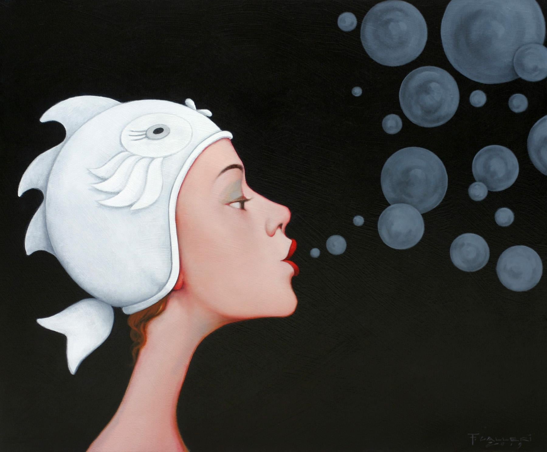 Fred Calleri Portrait Painting - "Maiden Voyage" oil portrait of woman in white fish cap on black blowing bubbles