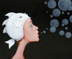 "Maiden Voyage" oil portrait of woman in white fish cap on black blowing bubbles