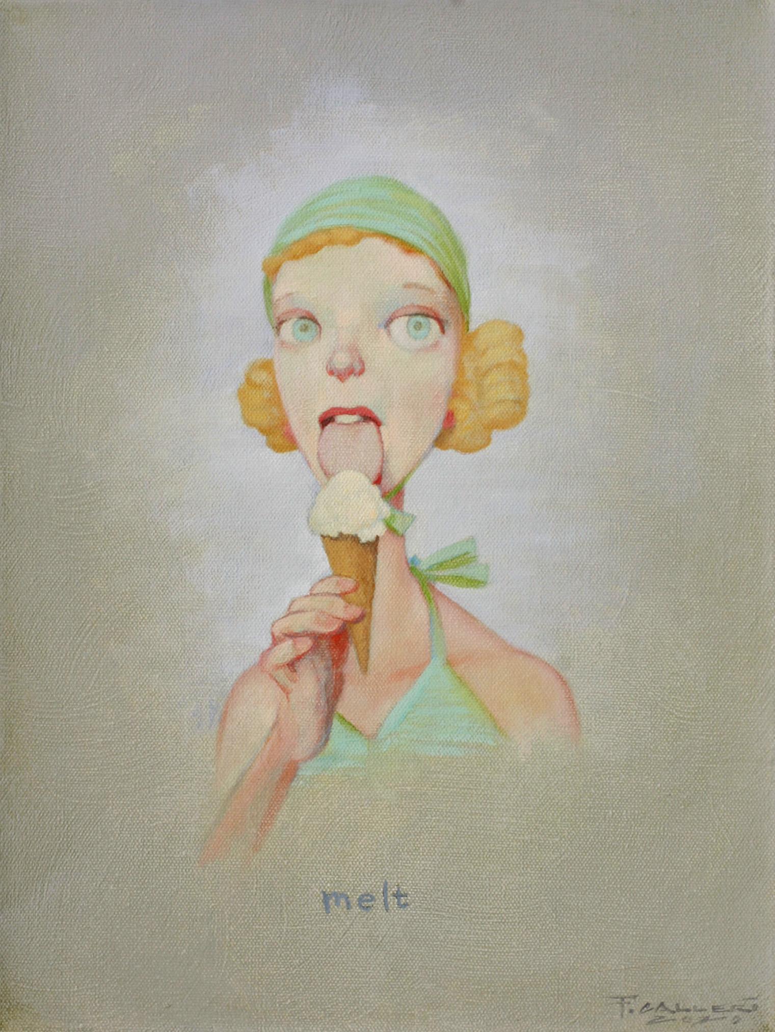 Fred Calleri Portrait Painting - "Melt" oil painting of a girl eating ice cream with neutral background