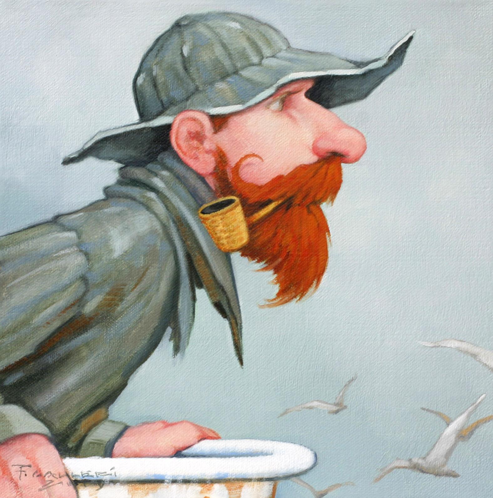 Fred Calleri Figurative Painting - "Mermaid Mirage" Oil painting of a fisherman with a red beard and pipe