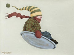 "Mid Air", young boy sledding down a hill with a winter hat blowing behind him