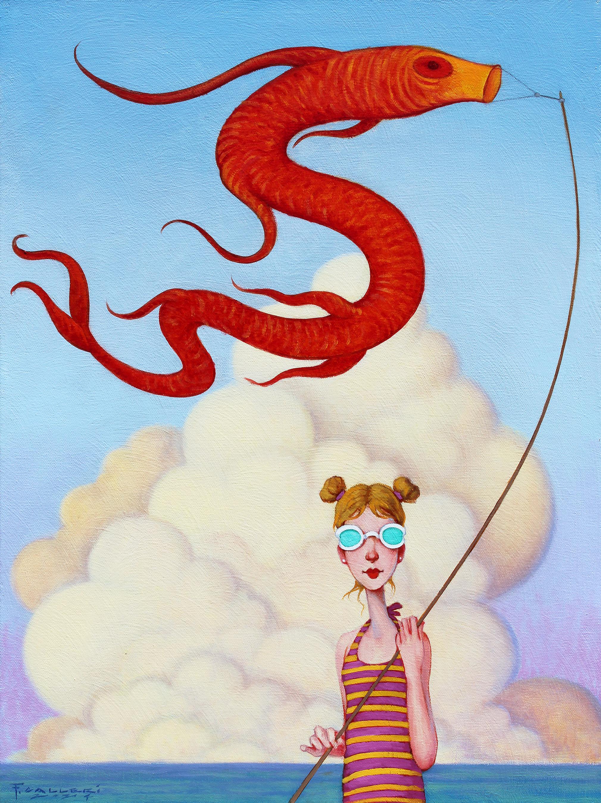 Figurative Painting di Fred Calleri - "Morning Gusts" Un nuotatore posa con uno stravagante aquilone rosso di fronte all'oceano