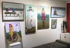 "Mutual Adoration" Boy with Sled and Snowman White Winter Ground with Red Barn