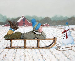 "Mutual Adoration" Boy with Sled and Snowman White Winter Ground with Red Barn