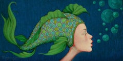 "Peacock" oil painting of a woman in profile with green fish scale cap, bubbles