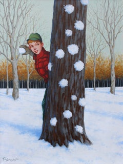 "Pelted", from behind a tree, a young boy gets ready to throw a snowball