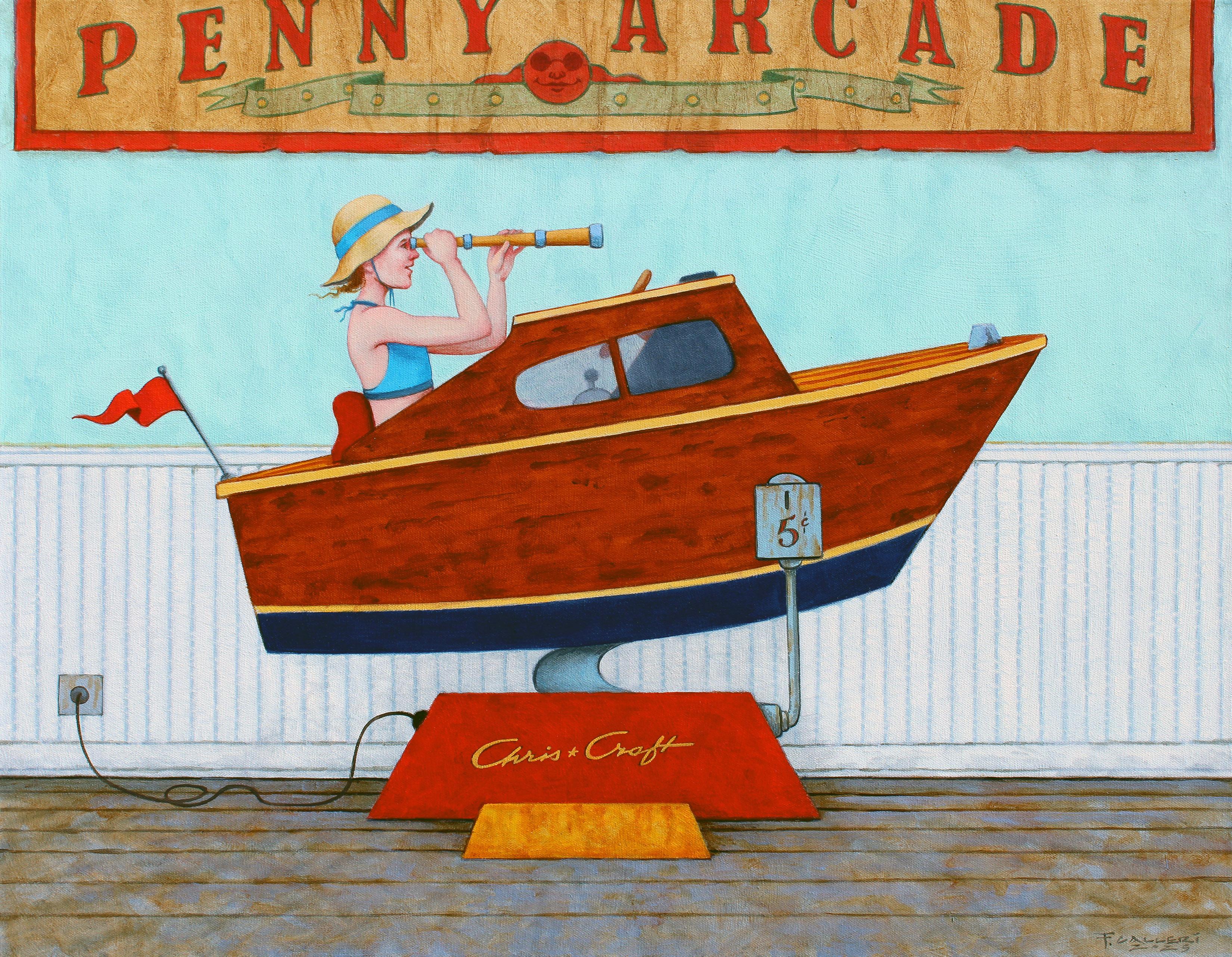 Figurative Painting di Fred Calleri - Ragazza "Penny Arcade" in costume da bagno blu che gioca al gioco della barca nella sala giochi, estate
