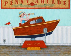"Penny Arcade" girl in blue bathing suit rides boat game at the arcade, summer