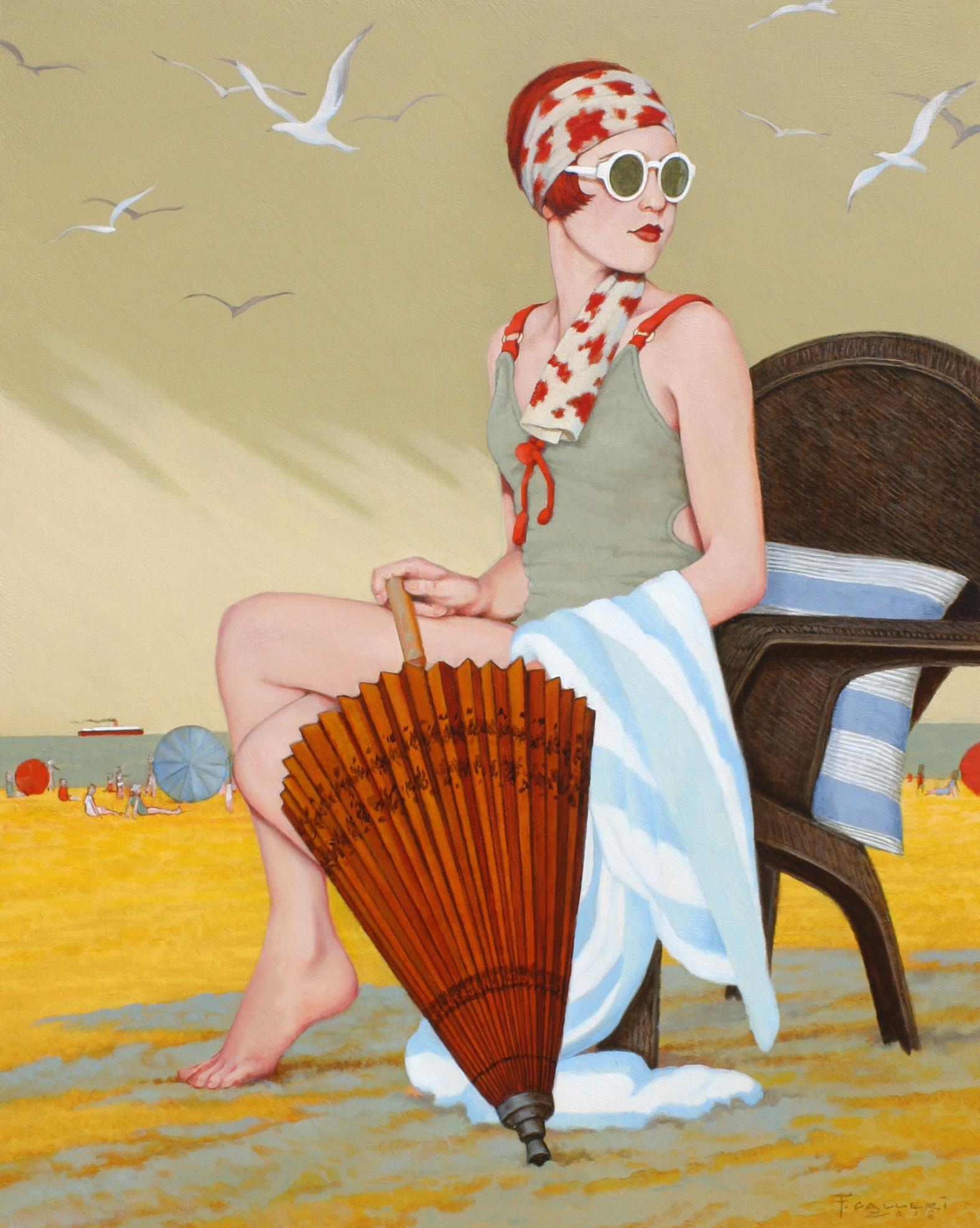 Fred Calleri Figurative Painting - "Penny Candy" Oil painting of a red head on the beach with a parasol