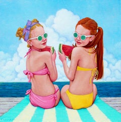 "Pier Pals" whimsical portrait of two girls at the beach eating watermelon