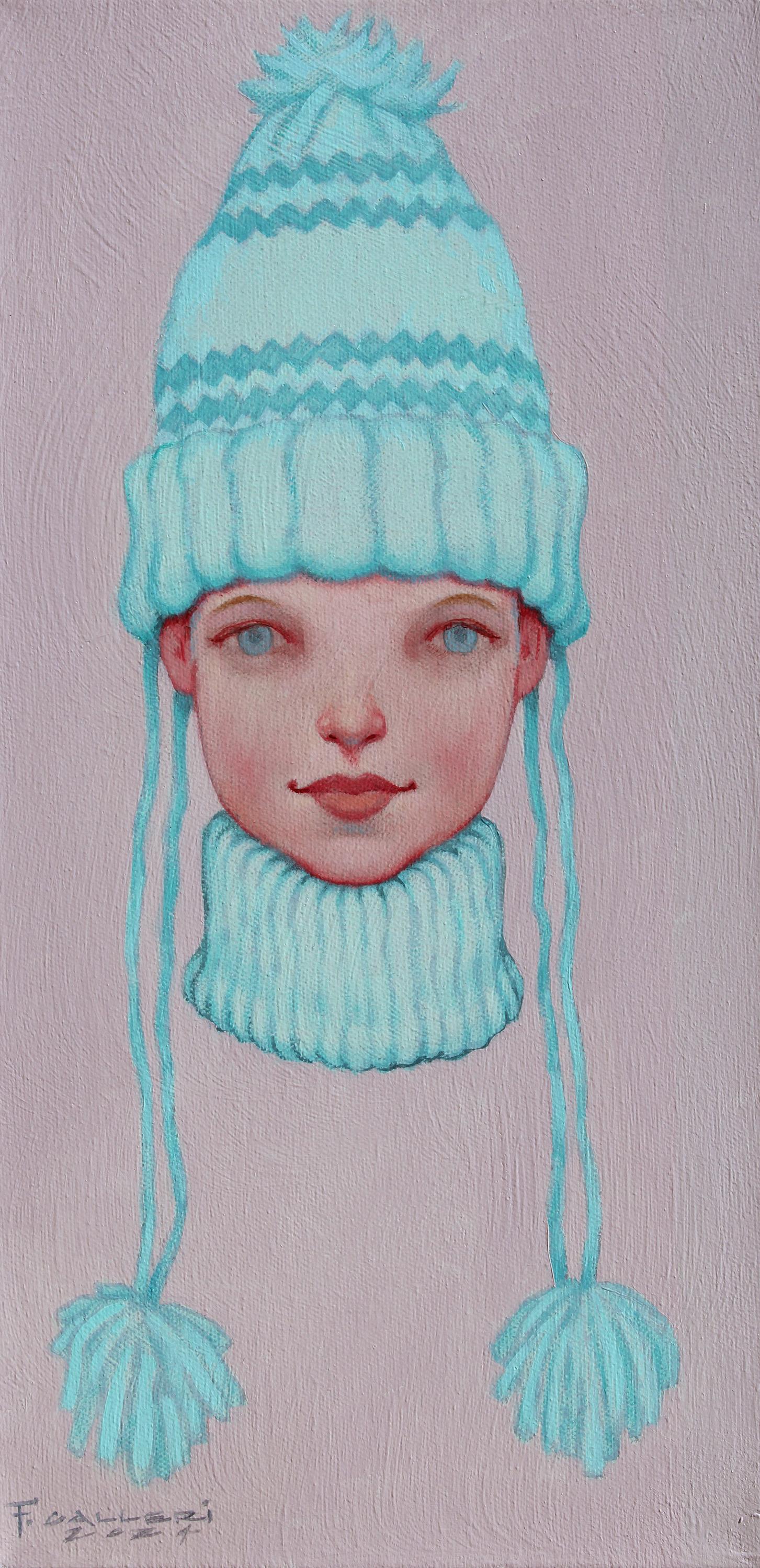 Figurative Painting di Fred Calleri - Ragazza "Pom Pom" con occhi azzurri brillanti che indossa un dolcevita e un alto cappello blu