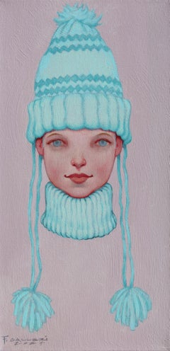 "Pom Pom" girl with bright blue eyes wearing a turtleneck and tall blue hat