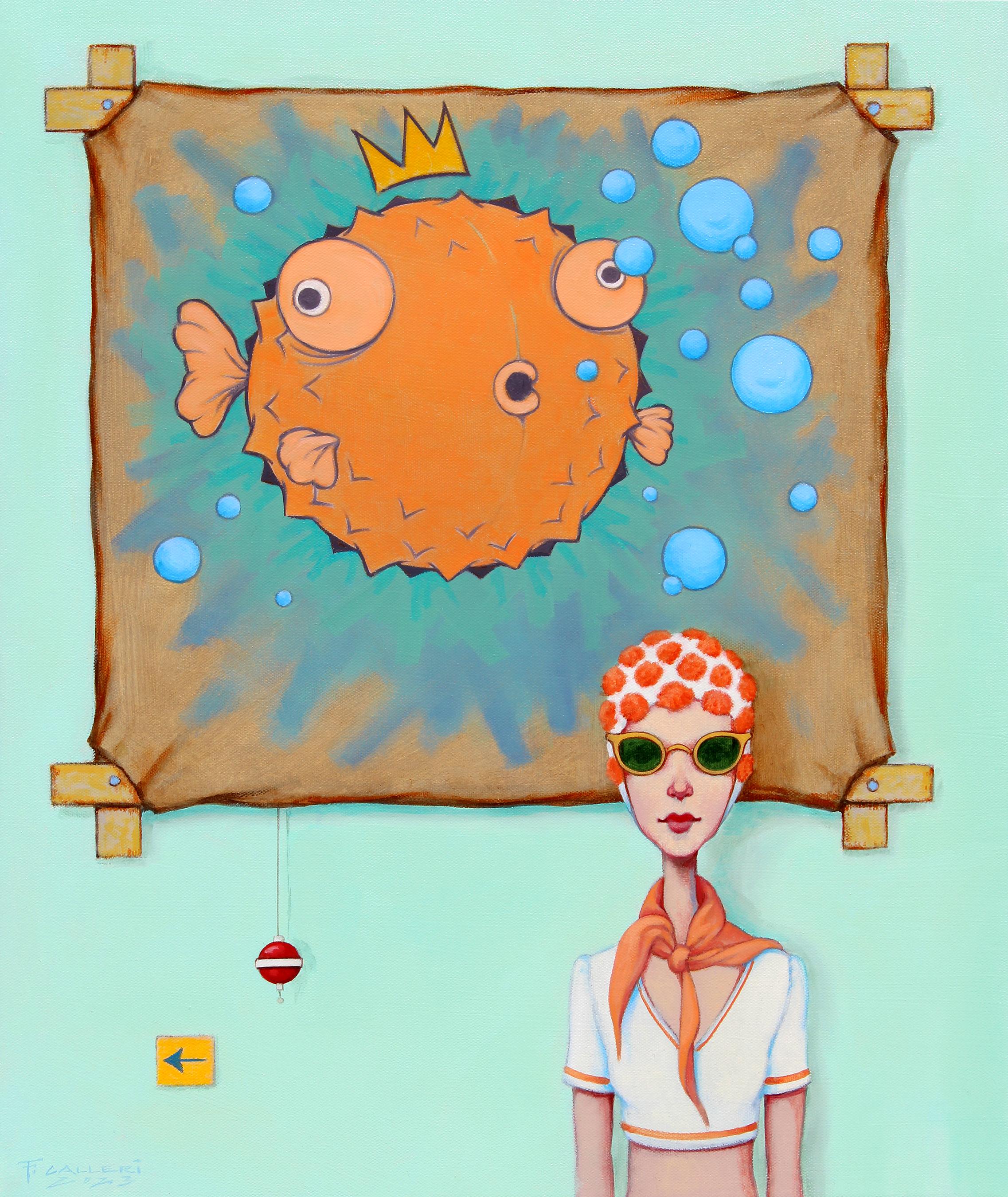 Figurative Painting Fred Calleri - Peinture à l'huile "Puff and Stuff" d'une femme devant un poisson orange