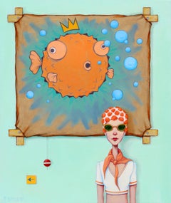 Peinture à l'huile "Puff and Stuff" d'une femme devant un poisson orange