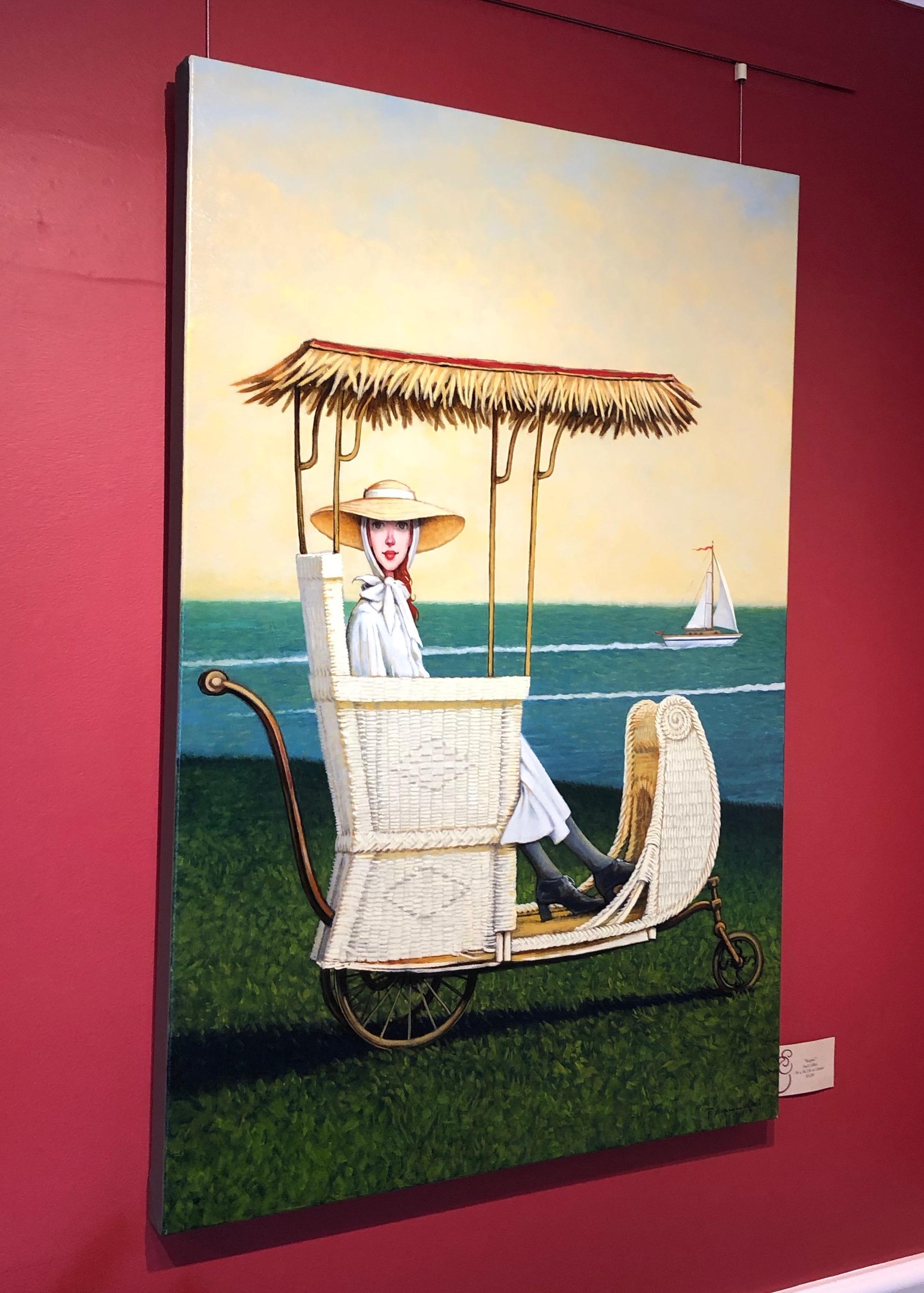 ''Regatta'' oil painting of a woman in a white vintage carriage and ocean behind - White Figurative Painting by Fred Calleri