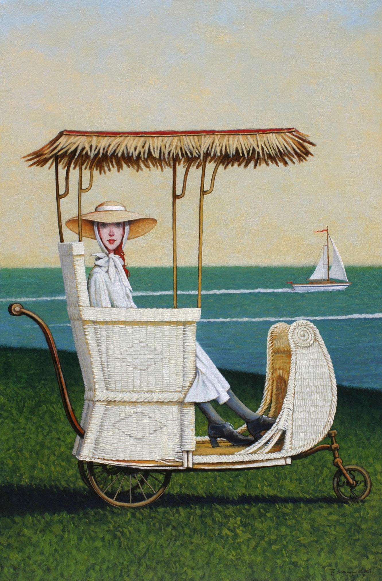 Fred Calleri Figurative Painting - ''Regatta'' oil painting of a woman in a white vintage carriage and ocean behind