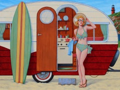 Caravana «Retro Summer», estilo americano, tabla de surf, faro, mujer rubia