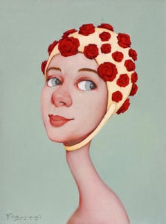 "Rosy Disposition" Oil painting of a long neck woman in red flowered bathing cap