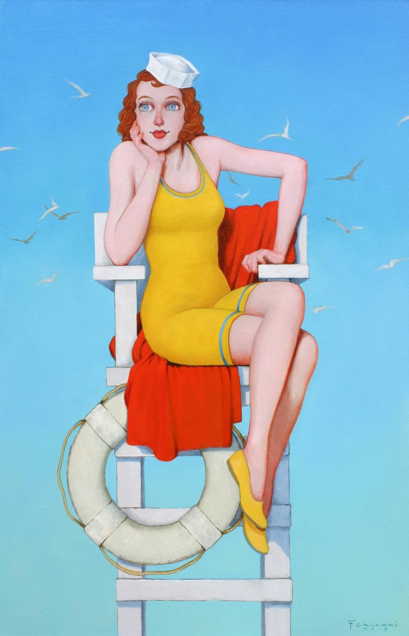 Fred Calleri Figurative Painting - "Sand Castles" Woman in Vintage Lifeguard Chair Yellow Red with Blue Sky