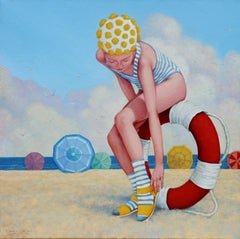 "Seaside Slippers" Girl in blue and white striped swimsuit and socks on beach.