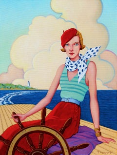 "Shore Patrol" Woman in red cap sailing away from lighthouse on the shore