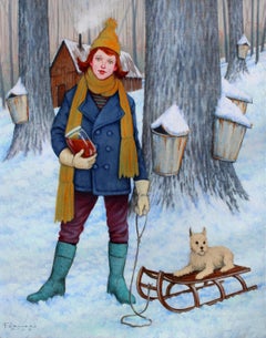"Short Stack" woman in the winter woods collecting sap with little dog on sled