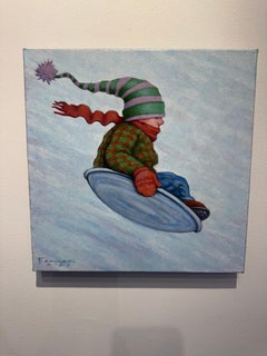 "Sling Shot" Boy bundled up in winter clothes catching air while sledding