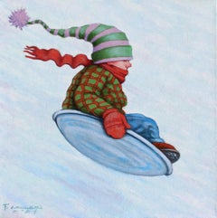 "Sling Shot" Boy bundled up in winter clothes catching air while sledding