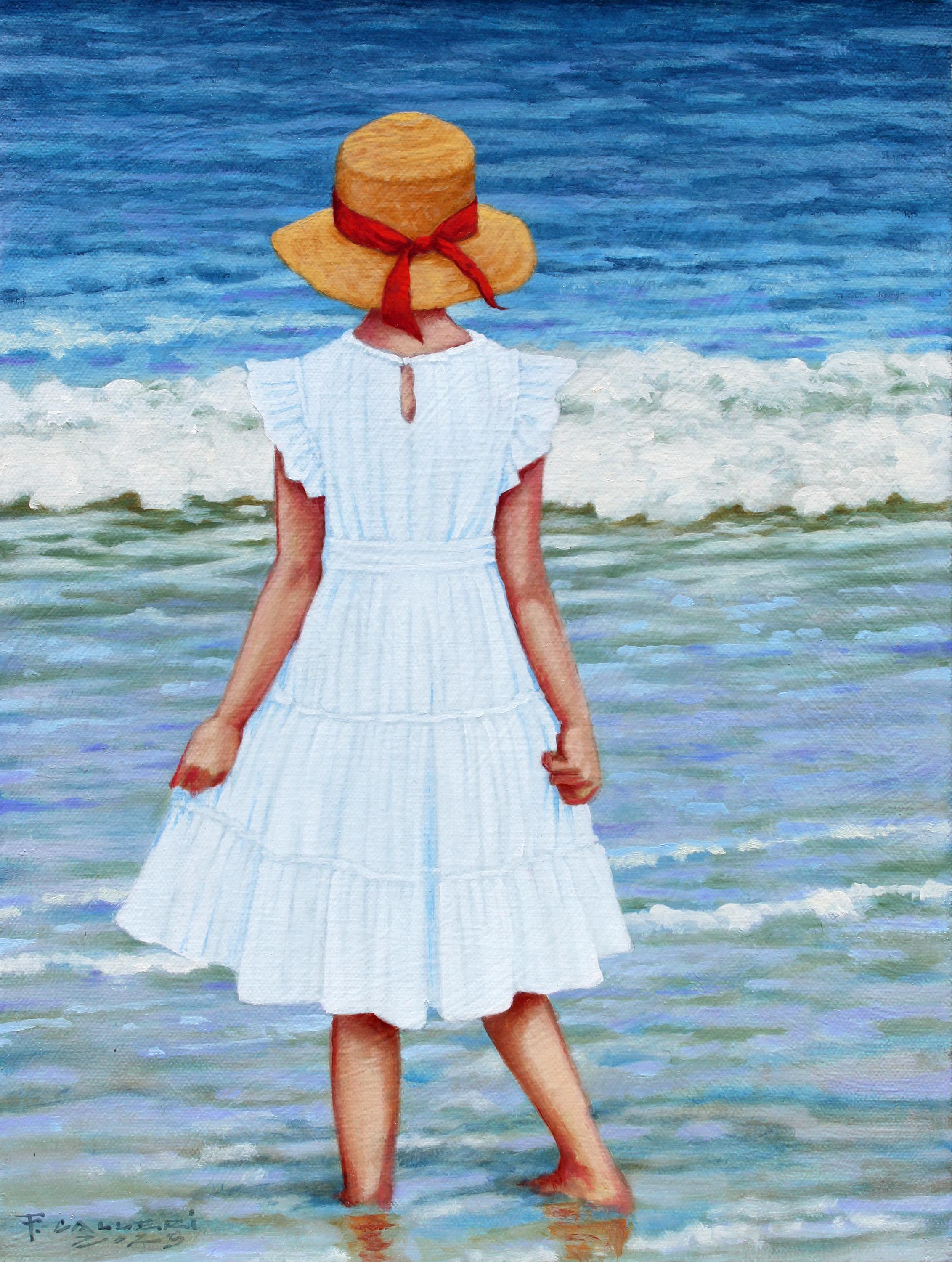 Portrait Painting di Fred Calleri - "Viaggio in solitaria": una ragazza con un vestito bianco e un cappello da sole con un nastro si immerge nell'oceano