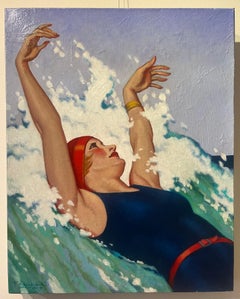 "Splash" woman in swim cap and swim suit dances into the wave