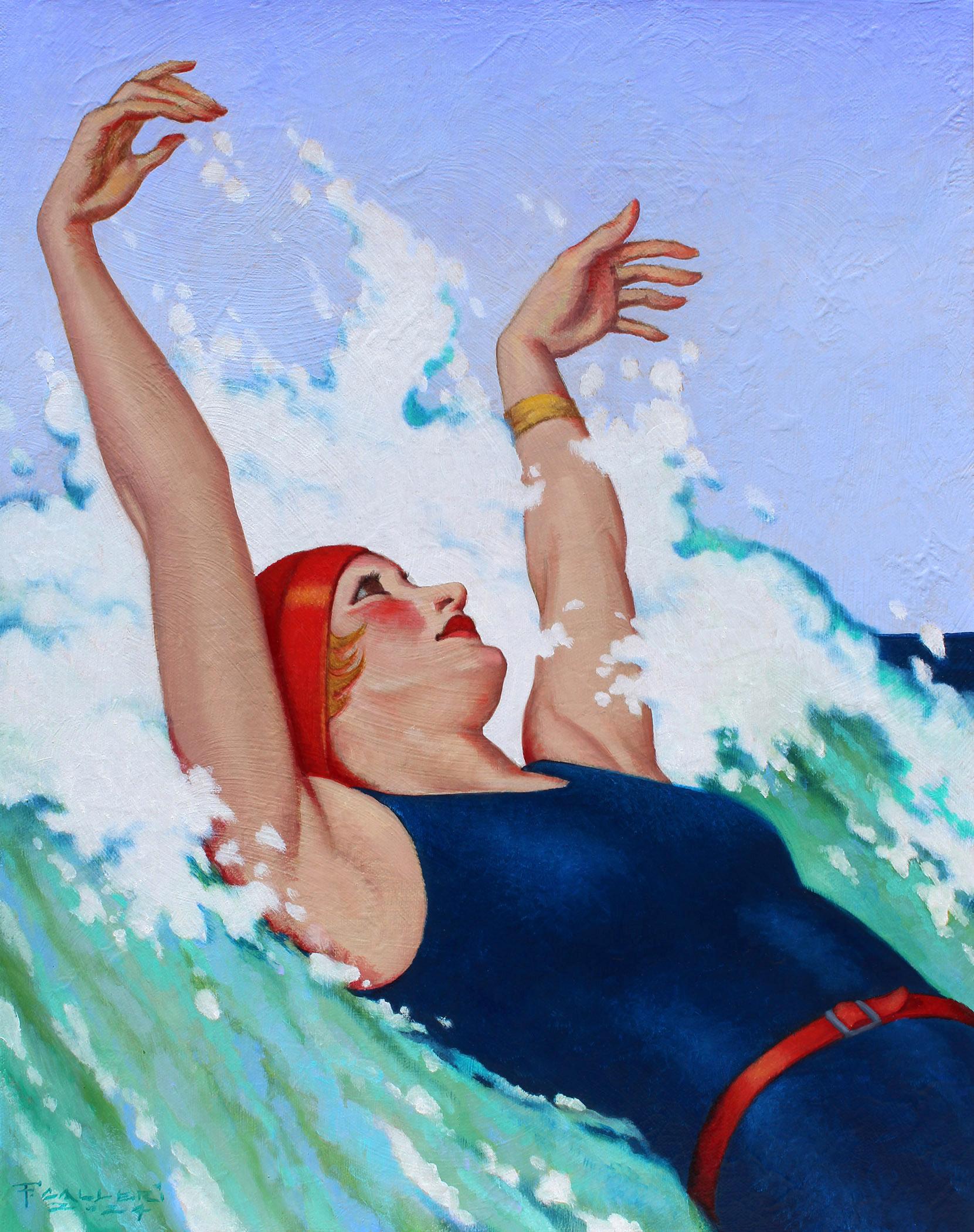 Figurative Painting di Fred Calleri - "Splash" woman in swim cap and swim suit dances into the wave