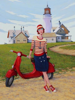 "Tierras Altas del Verano" Mujer marinera posando con moto roja ante el faro