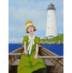 "Sunday's Beacon" painting of a woman in a green dress rowing by a lighthouse