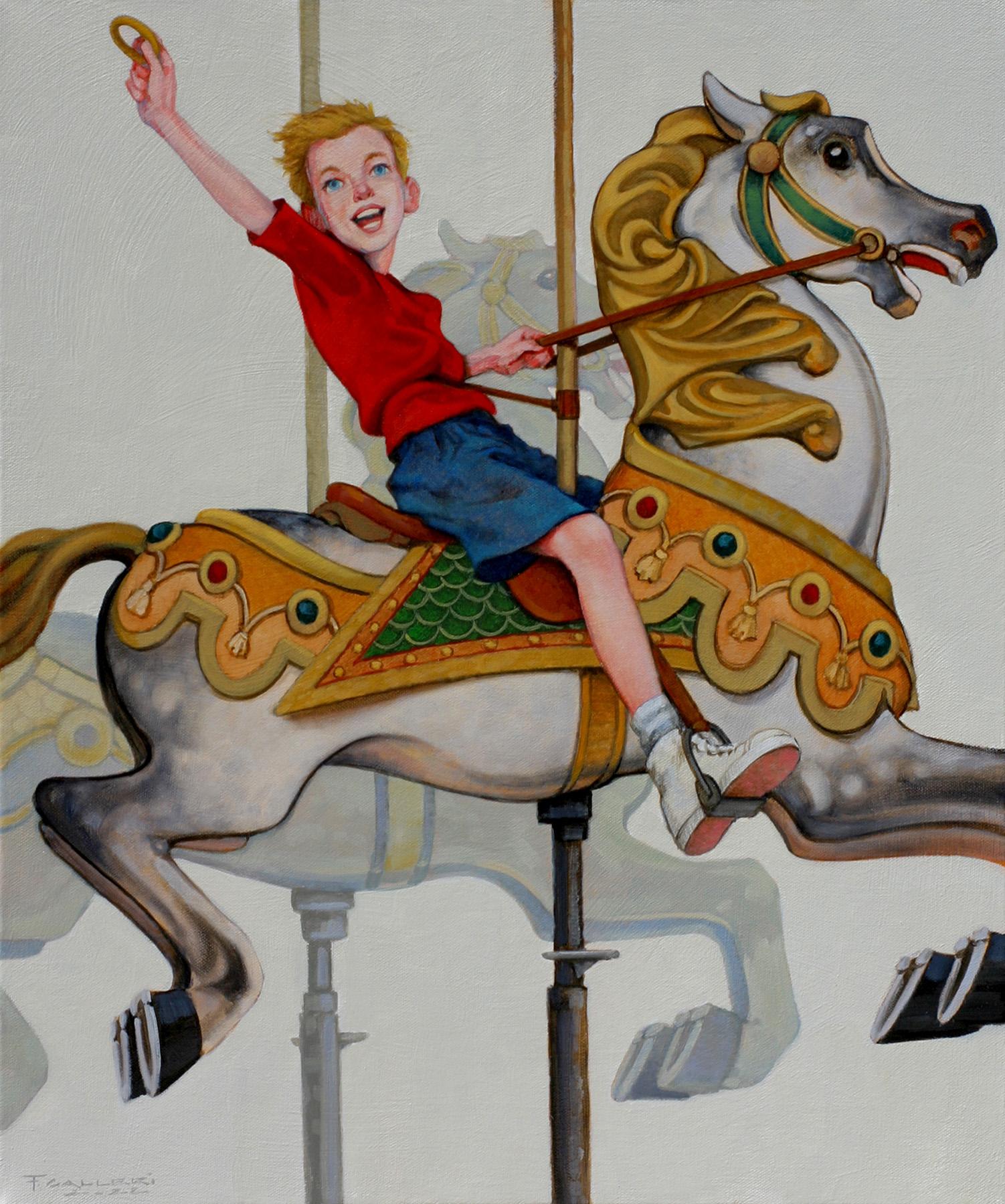 Fred Calleri Figurative Painting - "Tenth Try!" Boy in red and blue riding a horse on a carousel. 