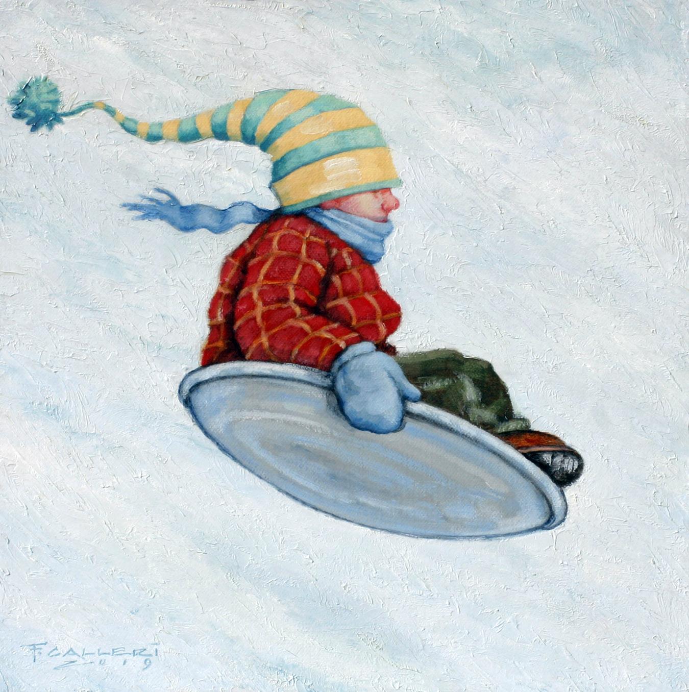 Fred Calleri Figurative Painting - "Test Flight" Oil painting of a child in a red jacket and striped hat sledding